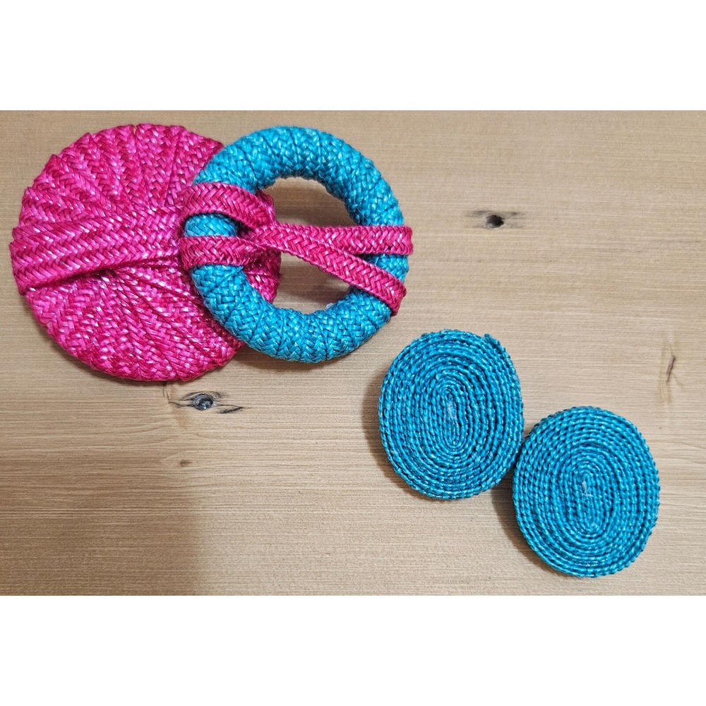 Vintage HOT Pink and Turquoise Blue Raffia Weave Oval Earrings Brooch Pin‎ 80's - Picture 8 of 9